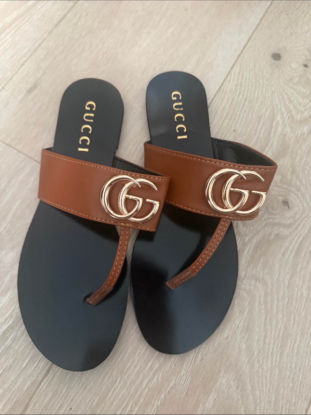 Gucci Tan Leather GG Thong Sandals with Gold Hardware